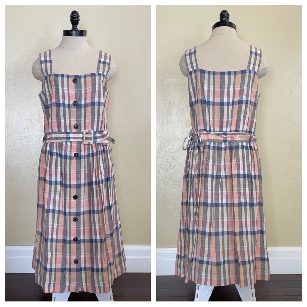 Gal Meets Glam Peyton Plaid Dress Linen Blend Navy Peach Size 10